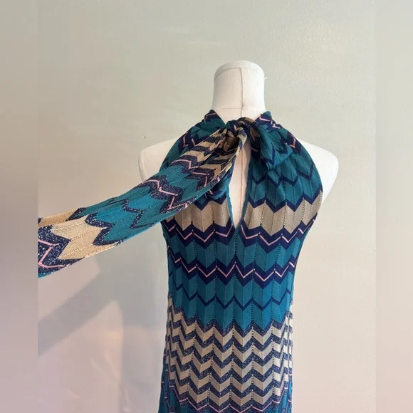 Hale Bob Teal and Cream Chevron Halter Maxi Dress - Picture 4 of 8